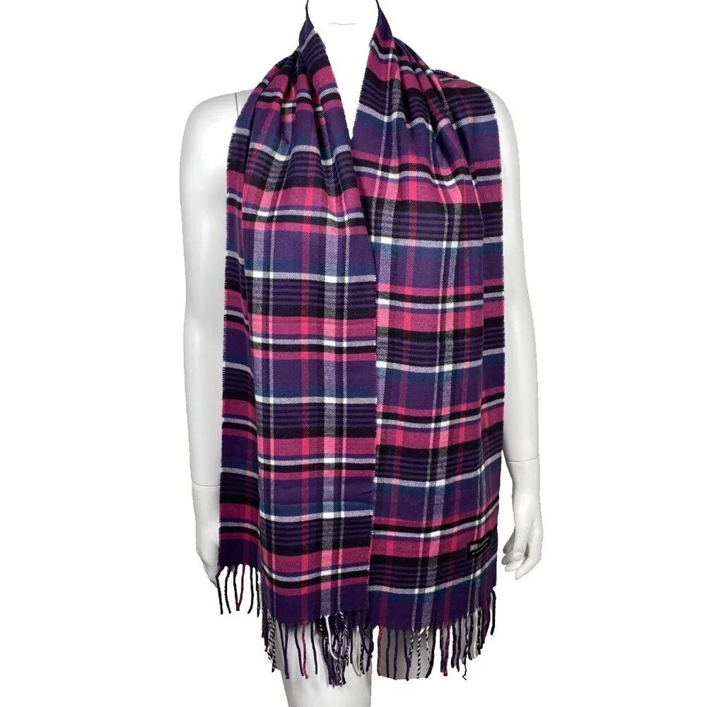 100% Cashmere Scarf Plaid Fringe Rectangular  Made In England Purple Pink